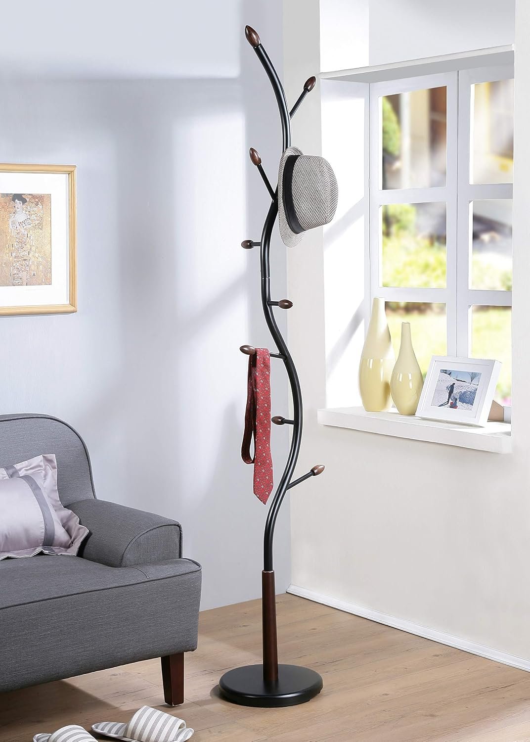 81HOdxnwDOL._AC_SL1500_.jpg Black and Walnut Standing Coat Rack - Image 1