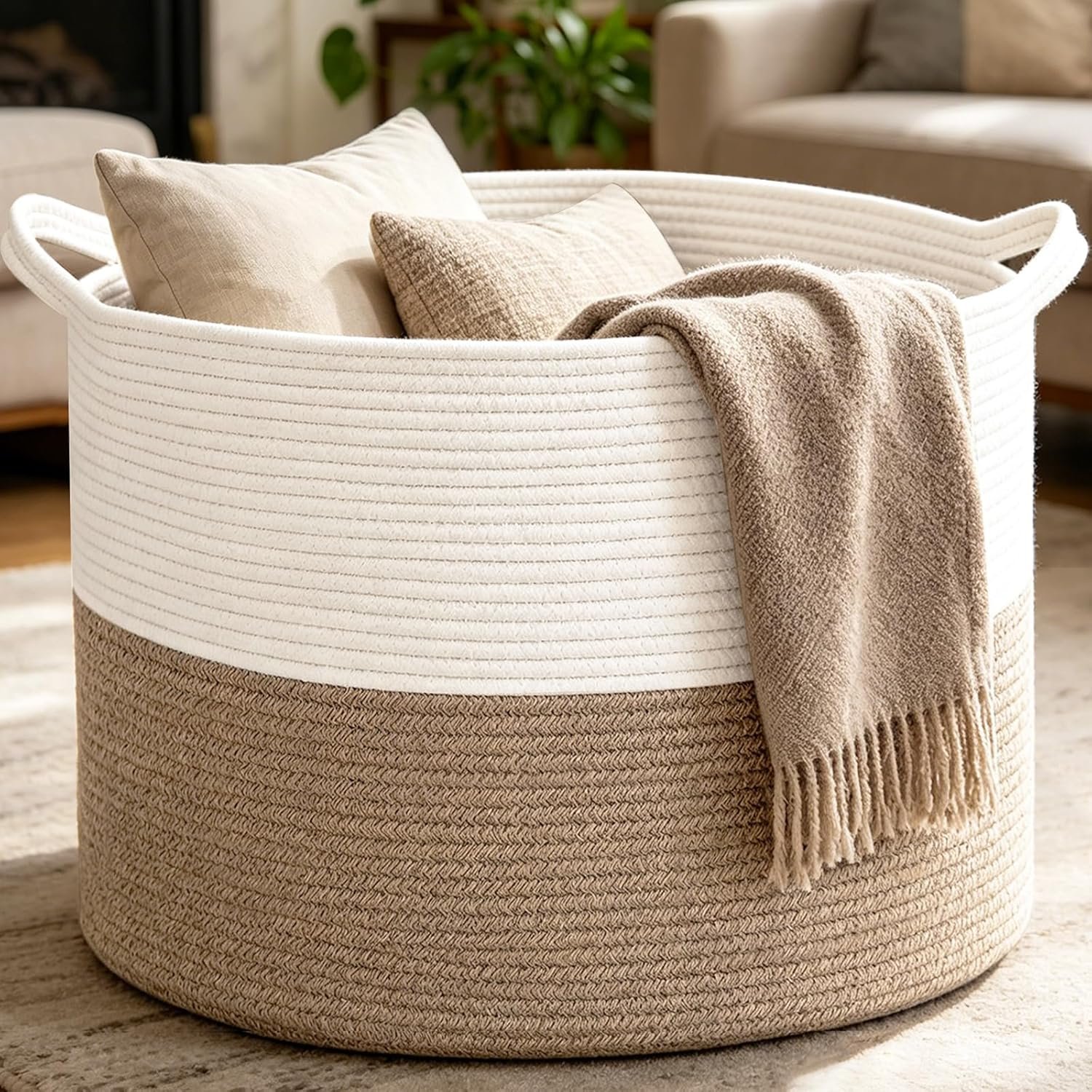 81J1cB-90WL._SL1500_.jpg Large 65L Woven Cotton Rope Laundry Basket - Image 1
