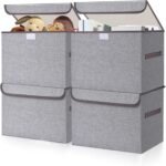 Large 22 Quart Linen Fabric Foldable Storage Bin Cube Organizer Basket with Flip-Top Lid & Handles, Clothes Blanket Box for Home, Office, Closet, Gray, 4 Pack 14.6 x 9.5 x 9.5”