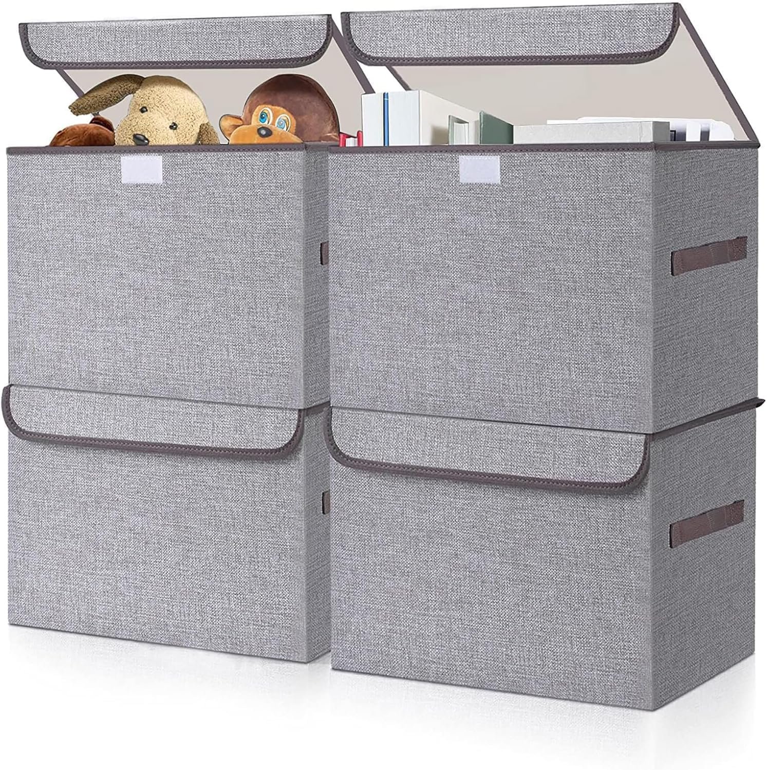 81L6zGqFBYL._AC_SL1500_.jpg Large 22 Quart Linen Fabric Foldable Storage Bin Cube Organizer Basket with Flip-Top Lid & Handles, Clothes Blanket Box for Home, Office, Closet, Gray, 4 Pack 14.6 x 9.5 x 9.5” - Image 1