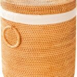 Round rattan laundry basket with lid, 110L capacity, with removable inner bag and mesh bag.