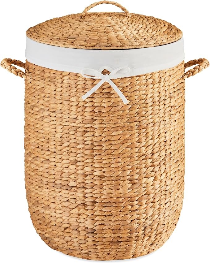 81QpzLPOheL._AC_SX679_.jpg Round woven laundry basket with lid, lined and with concealed handle, suitable for household clothing storage - Image 1