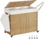 Woven oval laundry basket with handle, suitable for clothing and bedding storage.