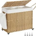 Woven oval laundry basket with handle, suitable for clothing and bedding storage.