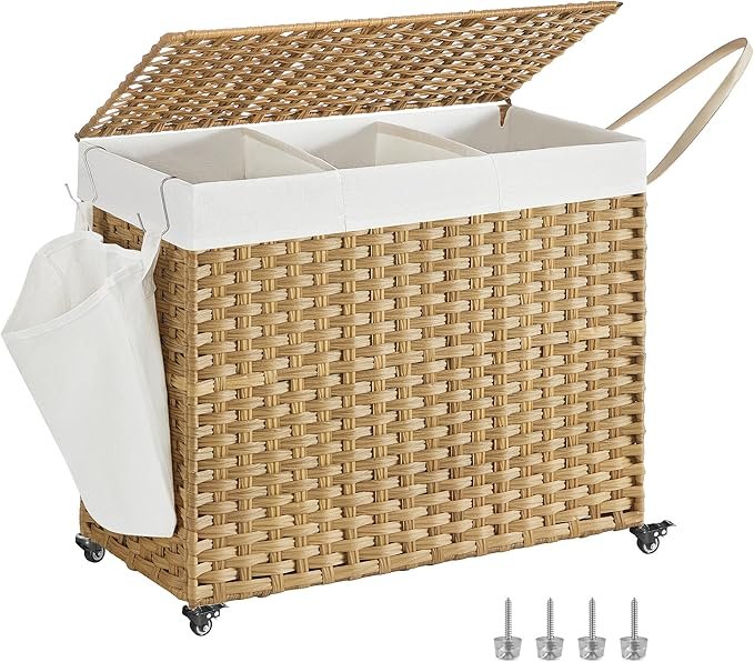 81ThXrVSQPL._AC_SX679_.jpg Woven oval laundry basket with handle, suitable for clothing and bedding storage. - Image 1