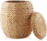 Round woven storage basket with lid, suitable for organizing clothes or blankets