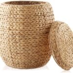 Round woven storage basket with lid, suitable for organizing clothes or blankets