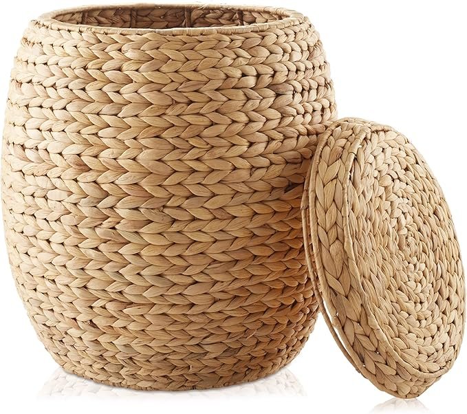 81Zn3MGXidL._AC_SX679_.jpg Round woven storage basket with lid, suitable for organizing clothes or blankets - Image 1