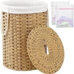Willow laundry basket with lid, 90L capacity, with removable inner lining, suitable for bedroom and laundry room use.