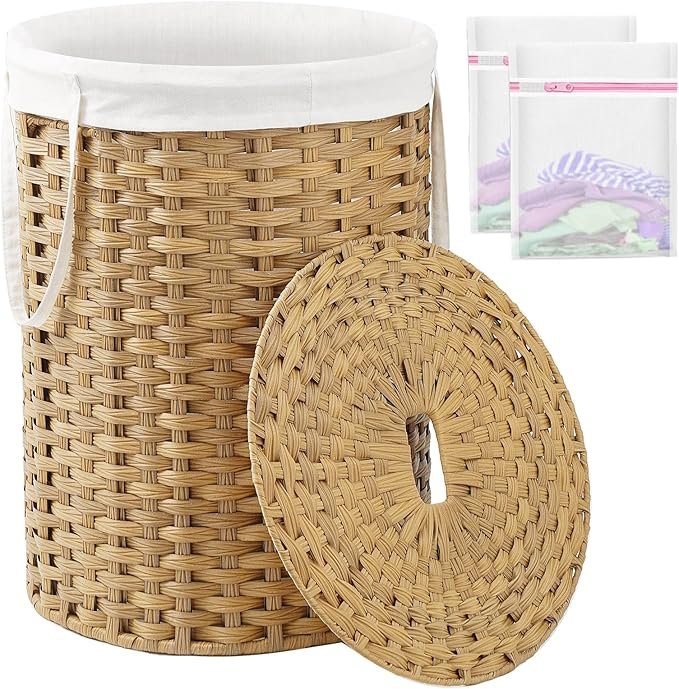 81mgRrE76gL._AC_SX679_.jpg Willow laundry basket with lid, 90L capacity, with removable inner lining, suitable for bedroom and laundry room use. - Image 1