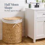 Half-moon woven laundry basket with lid, includes removable lining and handle, suitable for bathroom or bedroom use, natural color - Image 2