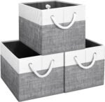 Storage Bins [3-Pack], Foldable Storage Baskets for Organizing Toys, Books, Shelves, Closet, Large Storage Box with Rope Handles, Sturdy Organizer Bins, White & Grey