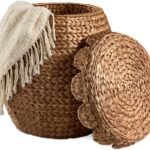 Fan-shaped woven storage basket with lid, multi-purpose home decoration and storage
