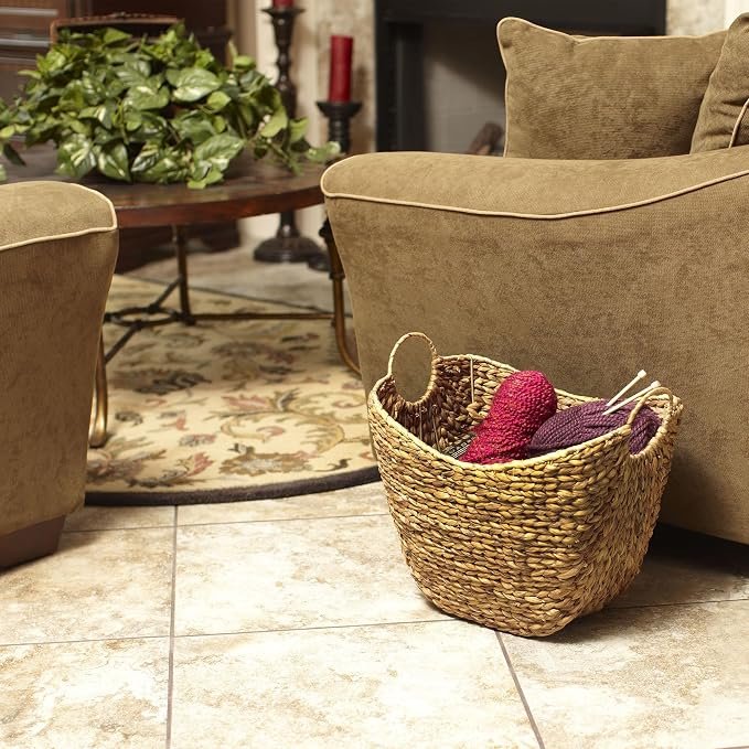 91IVXjM1SL._AC_SX679_.jpg Tall water hyacinth woven storage basket with handle, suitable for various household storage scenarios - Image 1