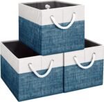 Storage Bins [3-Pack], Foldable Storage Baskets for Organizing Toys, Books, Shelves, Closet, Large Storage Box with Rope Handles, Sturdy Organizer Bins, White & Blue