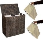 Water hyacinth woven laundry basket with divider lining, includes removable cotton inner bag and lid
