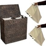 Water hyacinth woven laundry basket with divider lining, includes removable cotton inner bag and lid
